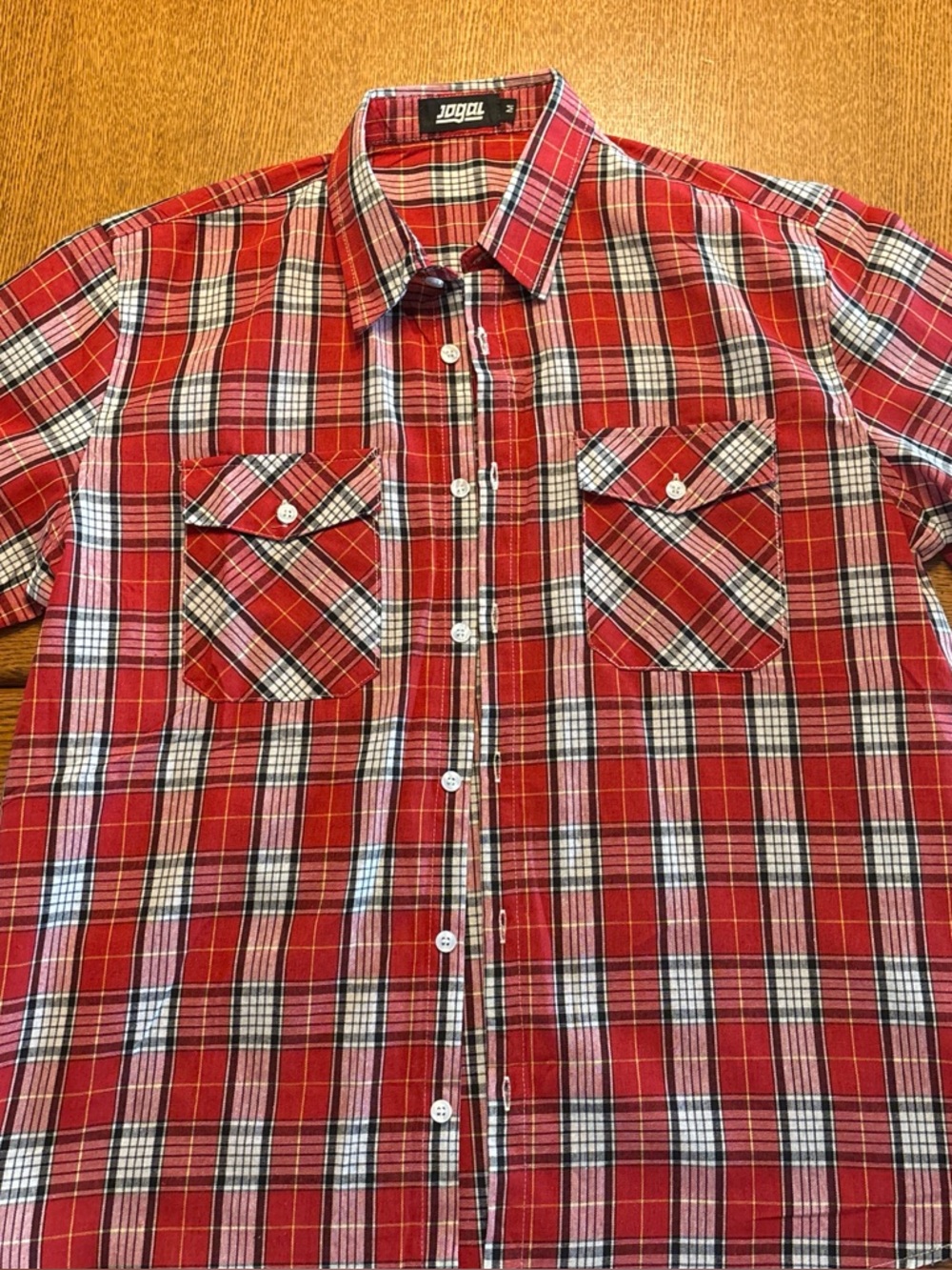 Red Plaid Short-Sleeve Button-Up Shirt